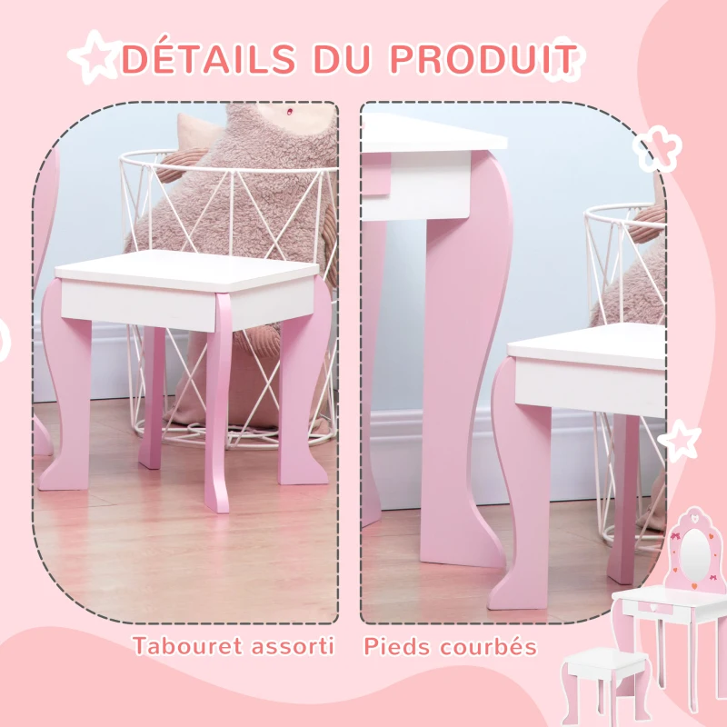 ZONEKIZ Coiffeuse enfant de 3 à 6 ans table de maquillage avec tabouret miroir et tiroir 50 x 36,5 x 89,5 cm rose