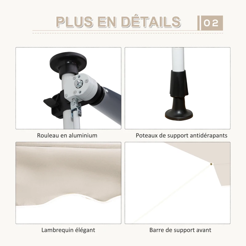Outsunny Store banne Manuel rétractable 4L x 1,2l m Auvent Téléscopique sans Perçage Inclinaison et Hauteur réglable Installation Rapide métal alu Polyester Anti-UV kaki
