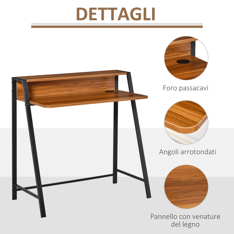 HOMCOM Scrivania Moderna per Camera e Ufficio a 2 Livelli, Arredamento in Legno e Metallo, 84x45x85cm, Nero e Color Noce