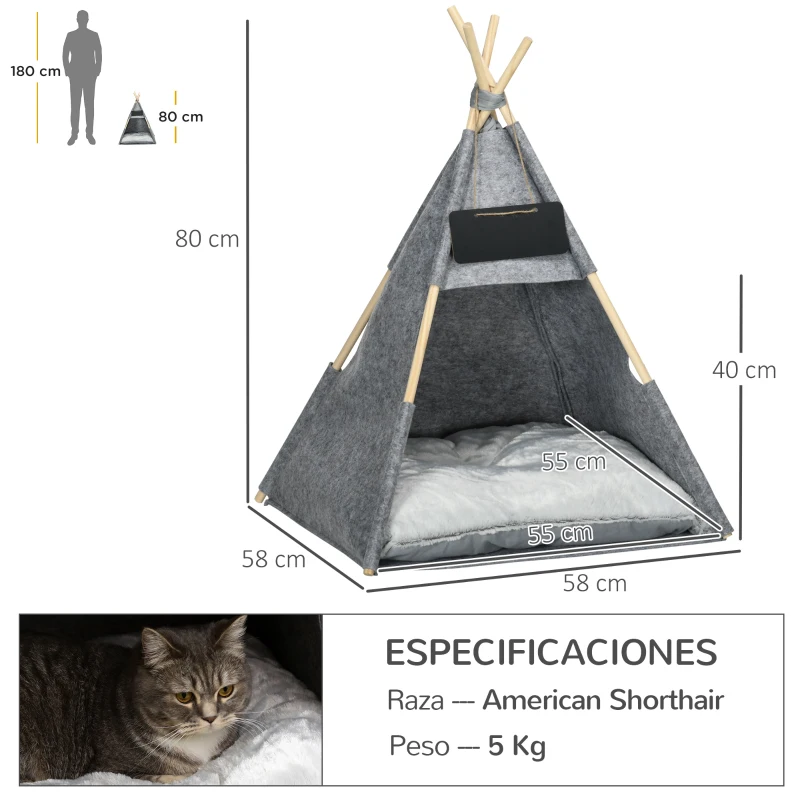 PawHut Tipi Tienda para Mascotas Tienda de Campaña para Mascotas con Cojín Extraíble Lavable Pizarra de Fieltro Madera para Perros Pequeños Gatos 58x58x80 cm Gris