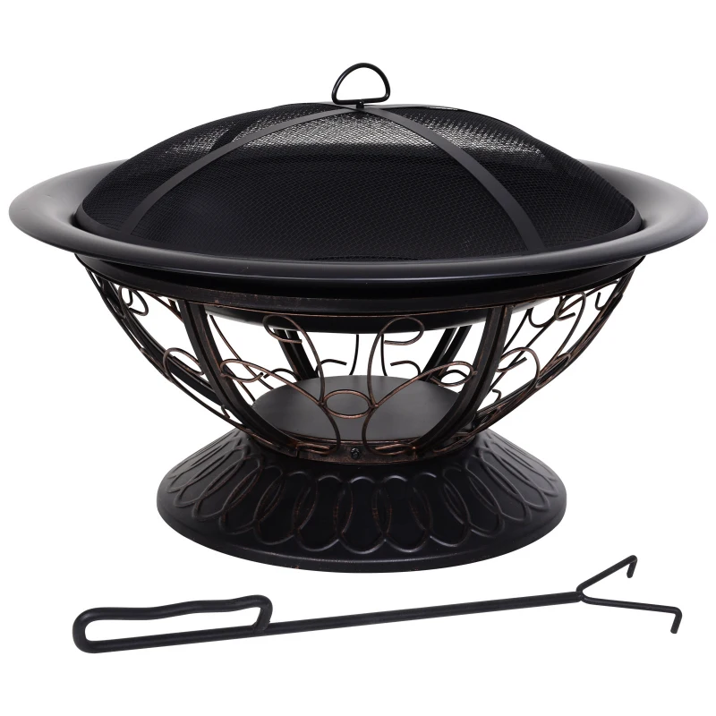 Outsunny Brasero cheminée Foyer extérieur Ø 76 x 50H cm Grille à Charbon Couvercle tisonnier métal Noir Bronze