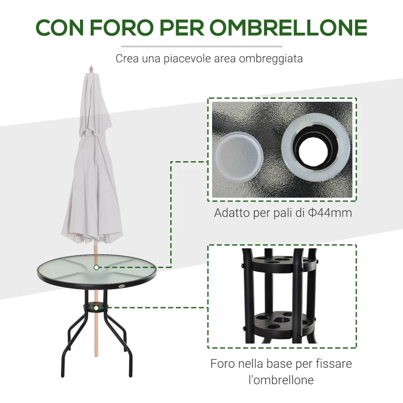 Outsunny Tavolino da Giardino con Piano in Vetro Temperato e Foro per Ombrellone Acciaio Ф80 x 72 cm Nero
