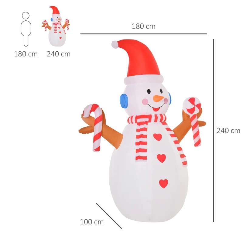 HOMCOM Pupazzo di Neve Gonfiabile 240cm, Decorazione Natalizia per Esterno con Luci a LED in Poliestere Impermeabile IP44
