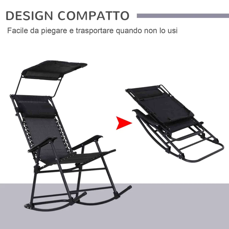 Outsunny Sedia a Dondolo da Giardino Ergonomica, Sdraio da Esterno Pieghevole con Tettuccio Rimovibile in Acciaio e Texteline 105 x 64 x 125cm, Nero