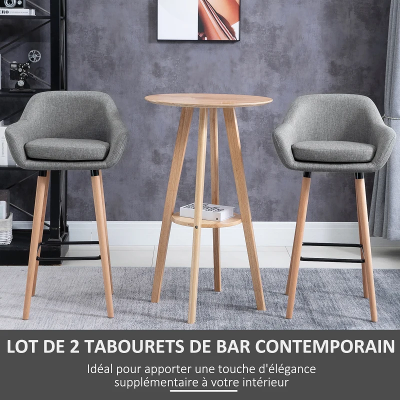 HOMCOM Tabourets de Bar Design scandinave - Lot de 2 tabourets de Bar Grand Confort avec Repose-Pieds et accoudoirs - Bois massif Lin Gris foncé