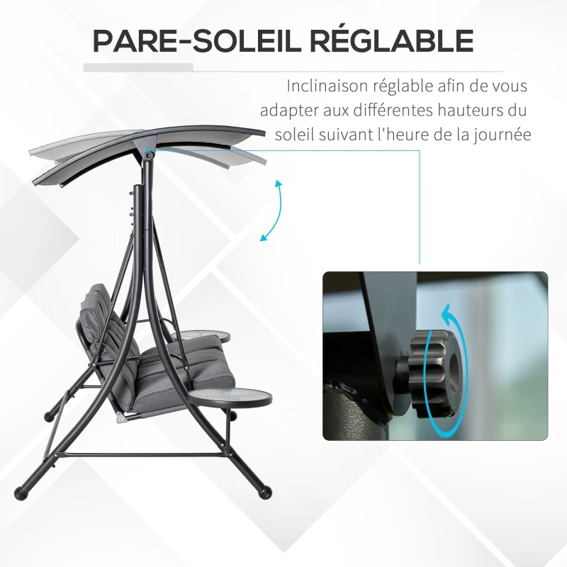 Outsunny Balancelle de Jardin 3 Places avec Toit Inclinaison réglable 2 tablettes en Verre Coussins Assise et Dossier rembourrés Polyester métal dim. 271L x 125l x 177H cm Anthracite