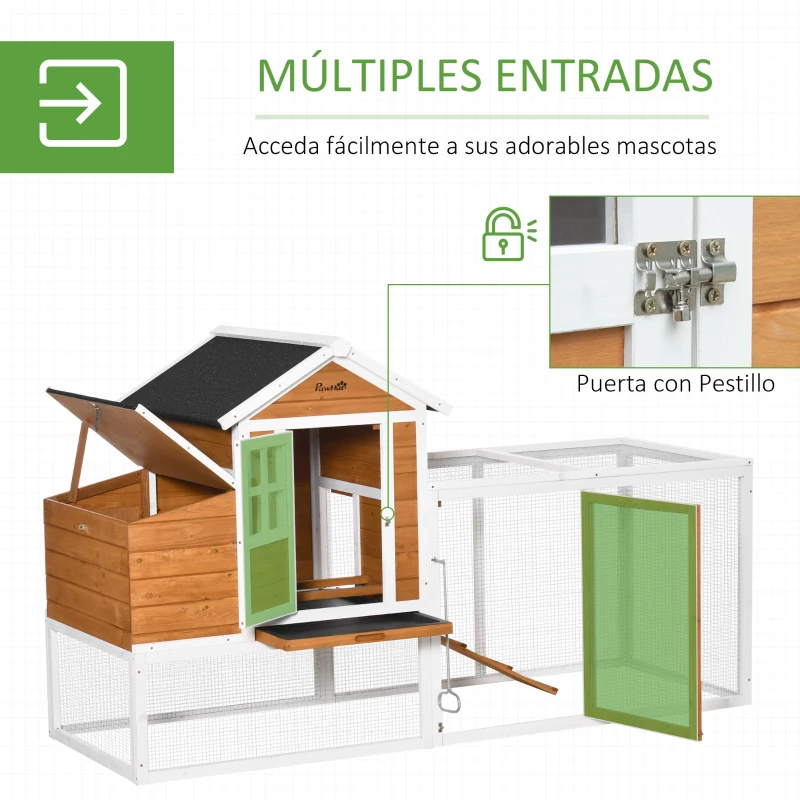 PawHut Gallinero de Madera Exterior Jaula para 2-4 Gallinas de 2 Niveles con Nido Techo Asfáltico Abatible Corral de Alambre Bandeja Extraíble y Rampa 192,7x78,9x111 cm Naranja