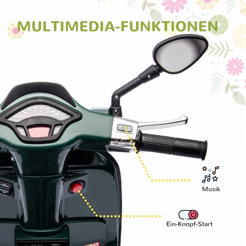AIYAPLAY Elektro-Kindermotorrad, Vespa, 3 km/h, 3-6 Jahre, Musik, Licht & Radio, Dunkelgrün(m-5)