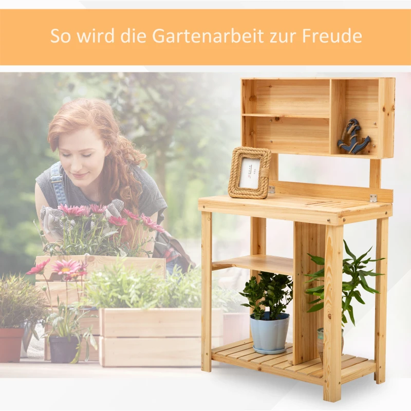 Outsunny Pflanztisch Gartenarbeitstisch für Garten Balkon und Terrasse, Gartentisch mit Ablage, Blumenregal Blumenständer aus Tannenholz, 80 x 43 x 136,5 cm, Natur