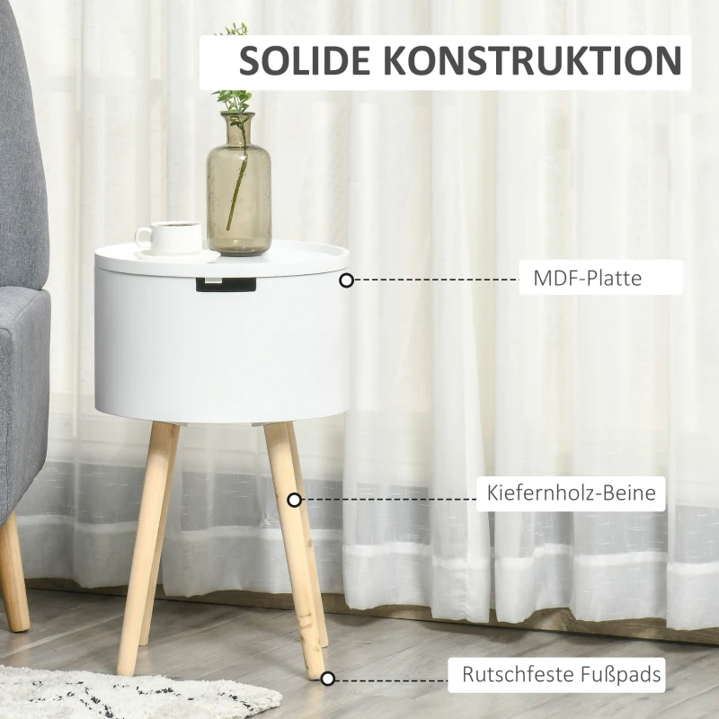 HOMCOM Beistelltisch rund mit skandinavischem Design Couchtisch Nachttisch mit Tablett für Büro Wohnzimmer Schlafzimmer MDF Kiefernholz Weiß+Natur 38 x 38 x 63 cm