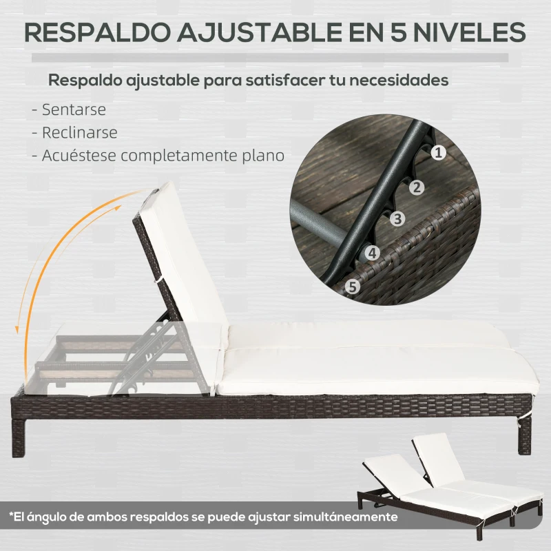 Outsunny Conjunto de Tumbona Exterior de Ratán 2 Plazas con Cojines Acolchados Resistente al Agua con Respaldo Regulable de 5 Niveles Soporta 220 kg 195x120x28 cm Marrón
