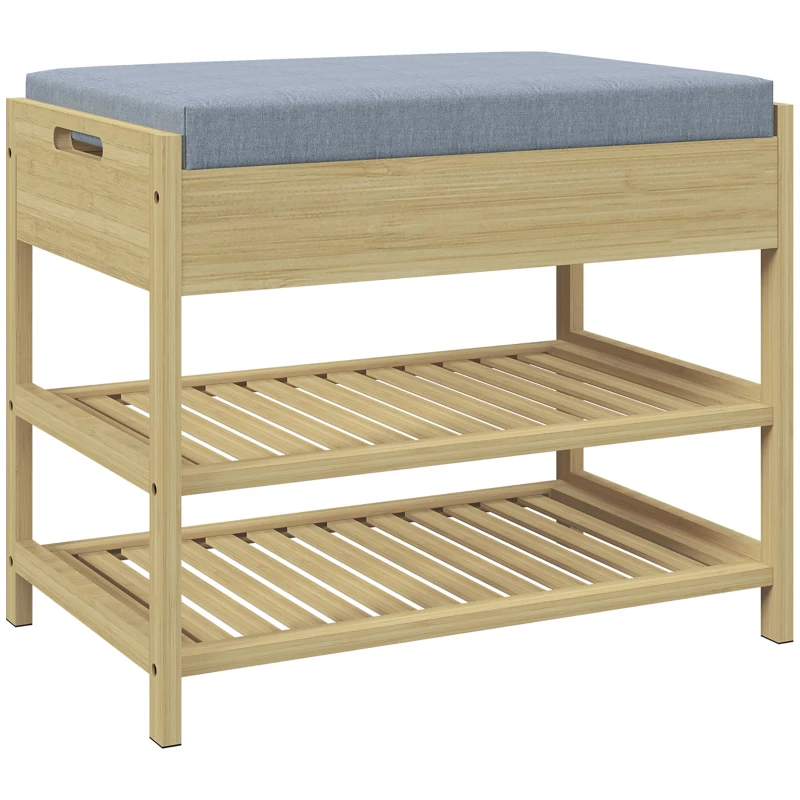 HOMCOM Schubank Schuhregal, 2 Ablagen, Sitzpolster, Bambus, 55 cm x 35 cm x 46 cm, Grau + Natur