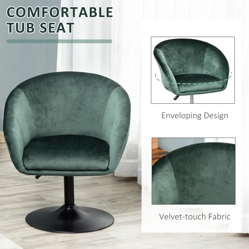HOMCOM Dressing Table Chair, 360° Swivel Velvet-feel Upholstered Vanity Chair with Tub Seat, Back, Adjustable Height for Bedroom Makeup, Green