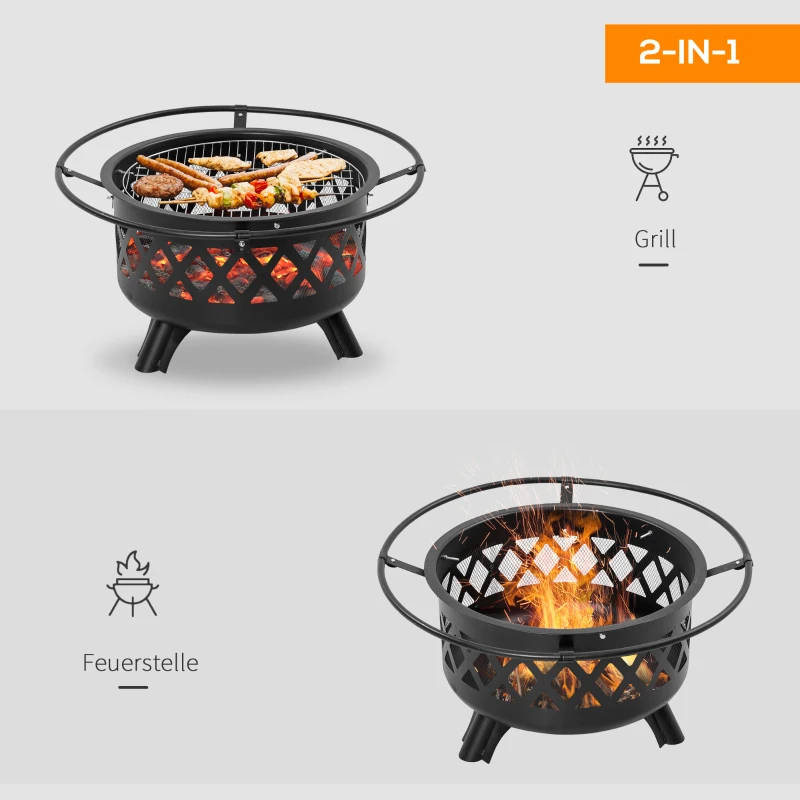 Outsunny Feuerschale 2-in-1 Feuerkorb mit Funkenschutz Grillnetz Ø82 cm Feuerstelle für Heizung BBQ Grill Garten Terrasse rund Schwarz