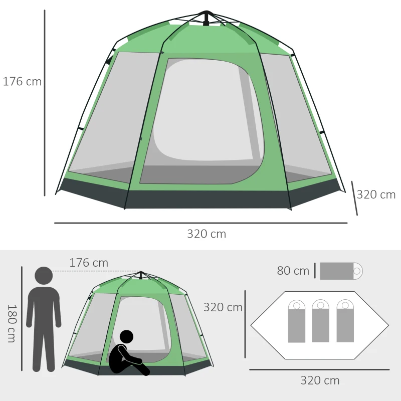 Outsunny Tente de camping familiale 6 personnes Pop-up tente dôme légère ventilée facile à monter 4 fenêtres 2 portes dim. 320L x 320l x 176H cm fibre verre polyester vert gris