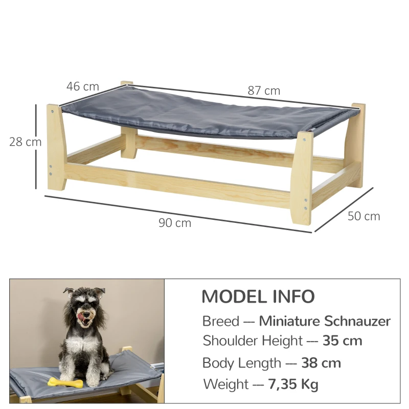 PawHut Erhöhtes Hundebett mit Holzbeine, 90cm x 50cm Abwaschbares Haustierbett Hundeliege mit Kissen, Haustierliege Hängebett Hundeschlafplatz für kleine bis mittelgroße Hunde, Natur+Hellgrau