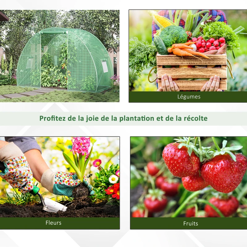 Outsunny Serre de Jardin Tunnel serre d'hivernage Surface Sol 4,5 m² dim. 3L x 1,5l x 2H m châssis Tubulaire renforcé Porte zippée 2 fenêtres enroulables Vert