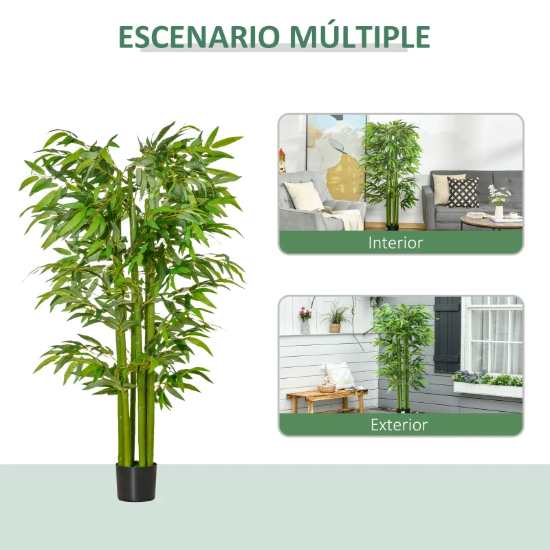 HOMCOM Árbol de Bambú Artificial Planta Artificial con 975 Hojas y Maceta Decorativa para Hogar Salón 160 cm Verde