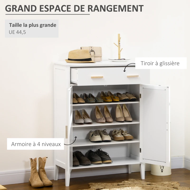 HOMCOM Meuble à chaussures rangement avec 2 portes effet cannage tiroir 80 x 35 x 110 cm blanc