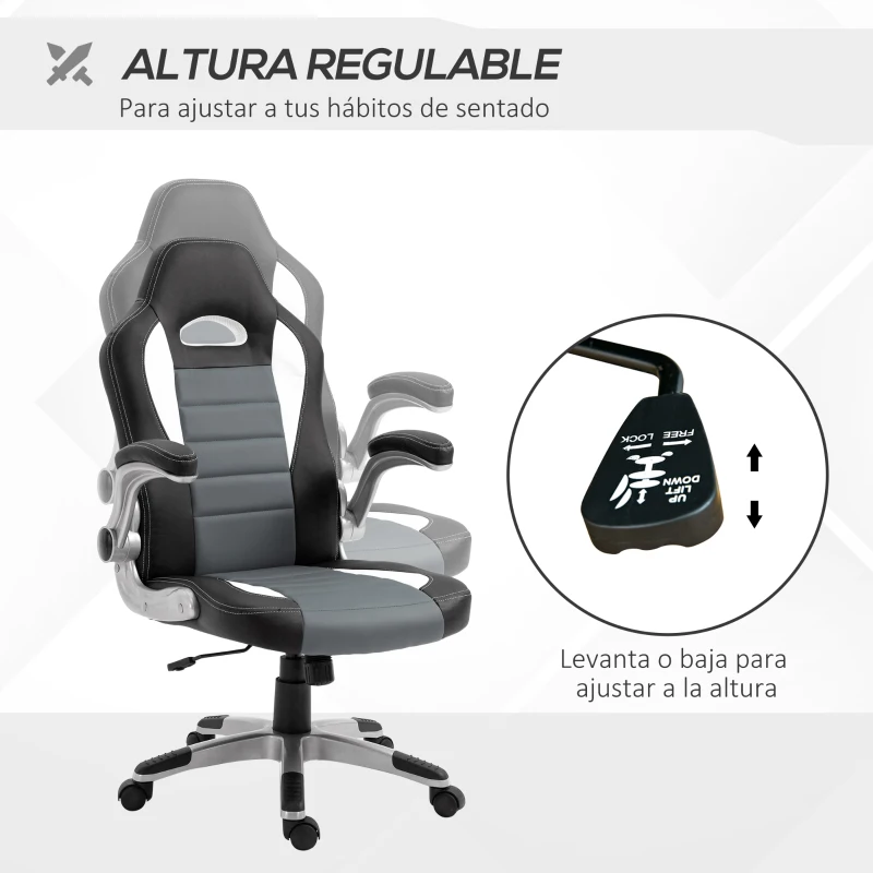 HOMCOM Silla de Oficina Ajustable Silla de Despacho con Reposabrazos Abatibles 5 Ruedas Carga 120 kg 65x69x112-122 cm Gris