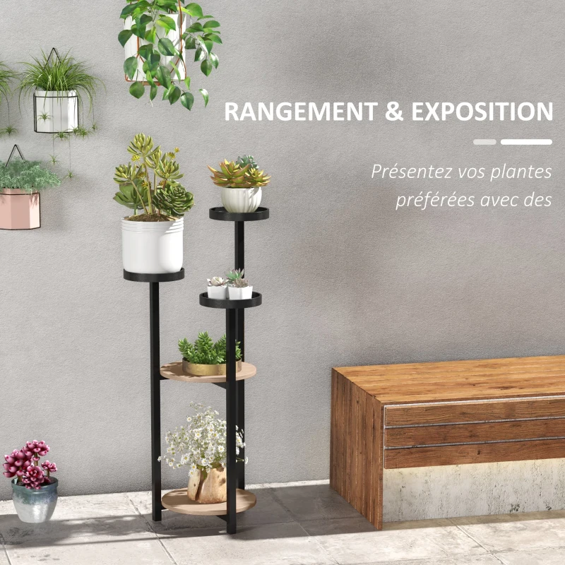 Outsunny Étagère à plantes en bois métal ronde support fleurs 5 niveaux pour extérieur intérieur, dim. 28L x 28l x 87H cm