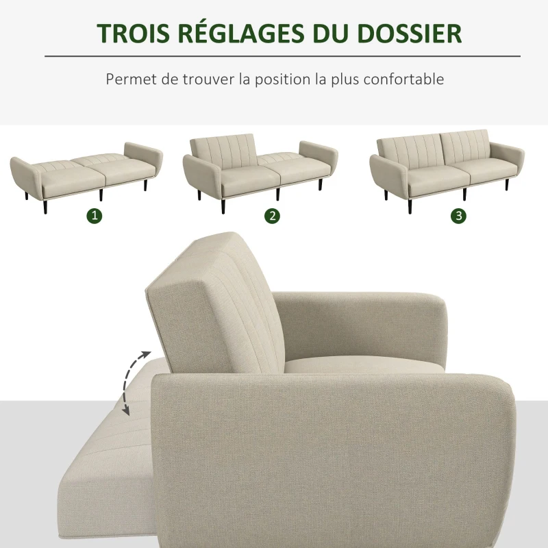 HOMCOM Canapé-lit convertible 3 places dossier inclinable 3 positions pieds bois tissu aspect lin beige