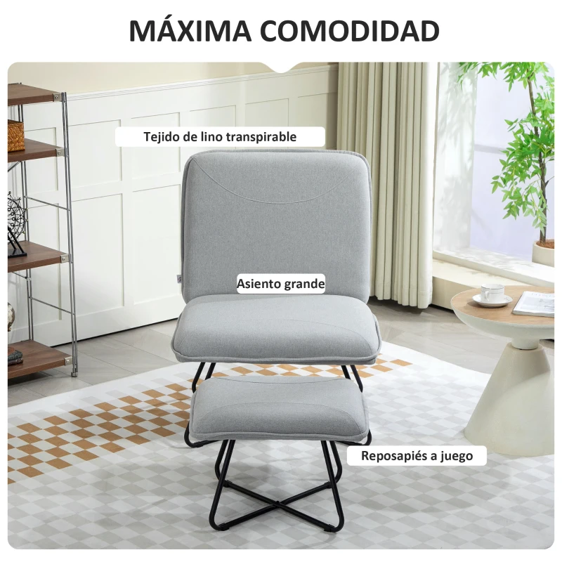 HOMCOM Butaca con Reposapiés Sillón para Lectura con Patas de Acero en Forma de Cruz Gris Claro