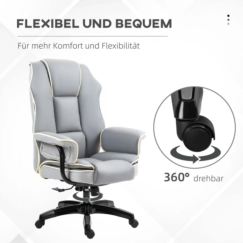 Vinsetto Ergonomischer Bürostuhl, extra gepolstert, Liegefunktion, Kunstleder, 76x80x118-124 cm, Hellgrau