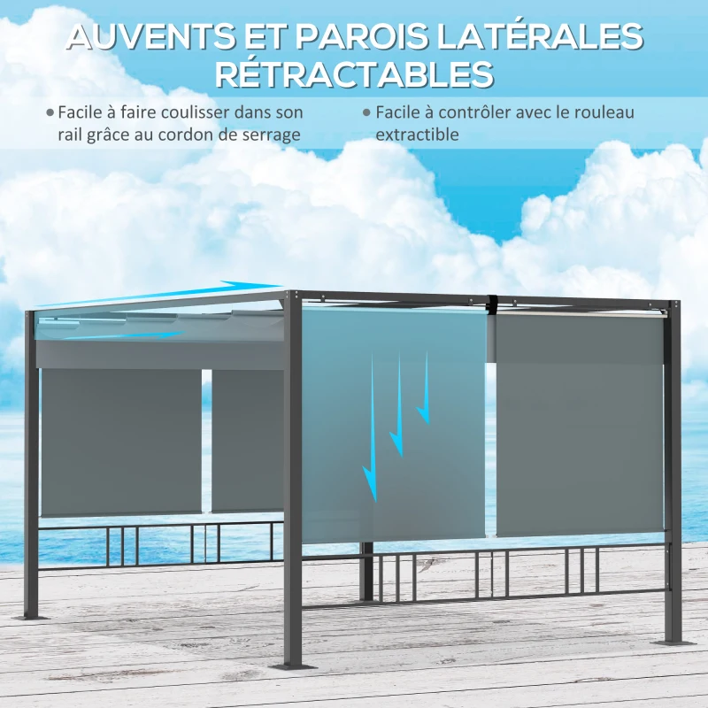 Outsunny Pergola avec auvent rétractable 4 x 3 m structure acier aluminium époxy anticorrosion - gris foncé