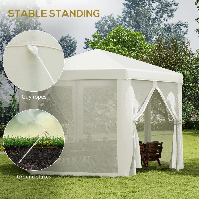 Outsunny 4M Hexagon Gazebo, Netting Party Tent, Patio Canopy Outdoor Event Shelter for Activities, Shade Resistant, Cream White