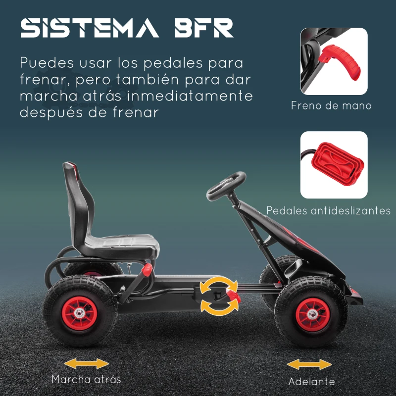 HOMCOM Go Kart a Pedales Infantil con Asiento Ajustable Neumáticos Inflables Amortiguador y Freno de Mano 121x58x61 cm Rojo