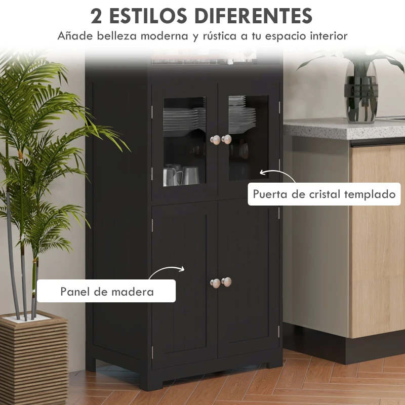 HOMCOM Aparador de Comedor Armario de Cocina con 4 Puertas 2 Estantes Abiertos y Estante Ajustable para Salón 60x30x162cm Negro