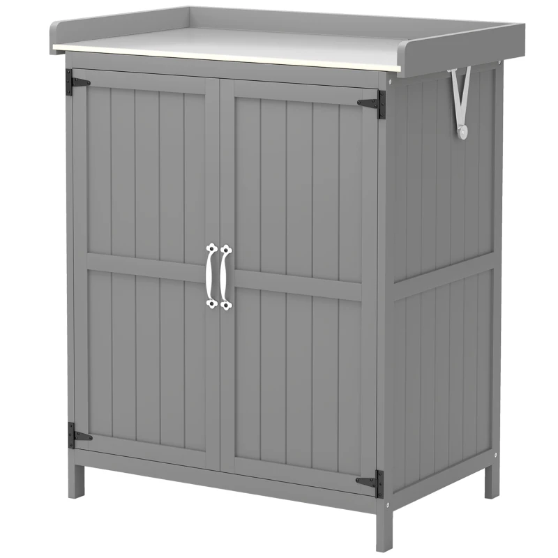 Outsunny Wooden Garden Shed, Garden Tool Storage Shed with Hinged Roof and Shelf, Outdoor Storage Cabinet with Double Doors, Grey
