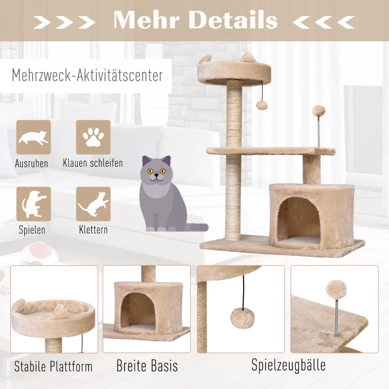 PawHut Katzenbaum mit Hängebett, 3-Stock Kratzbaum, Katzenhöhle, Katzenhaus mit Spielbällen, mit Sisalsäule und Kratzbrett, Plüsch Beige 60 x 40 x 81 cm