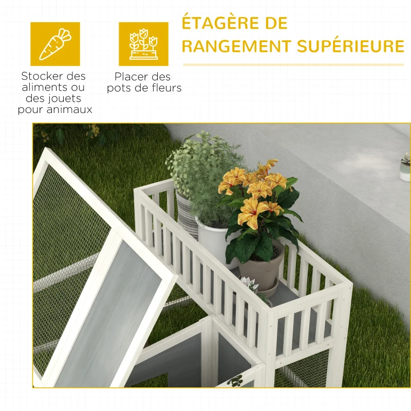 PawHut Clapier, cage à lapin en bois avec étagère pour plantes grand espace en bois, plusieurs portes Dim. 94L x 90l x 60H cm