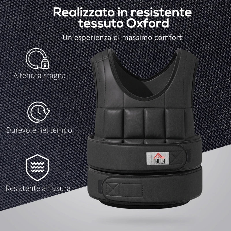HOMCOM Giubbotto Zavorrato 20kg Unisex 38 Pesi Singoli, Imbottitura, Chiusure con Velcro, Nero