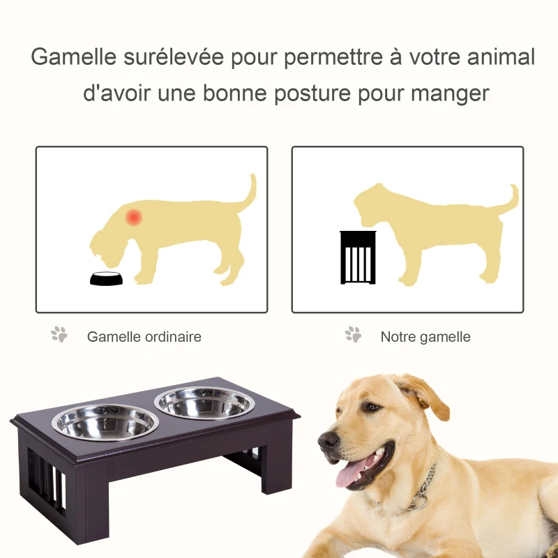 PawHut Gamelles chiens surélevées gamelle double chien chat Porte-gamelles surélevé dim. 44L x 24l x 15H cm 2 gamelles 0,9L acier inox. incluses bois  chocolat