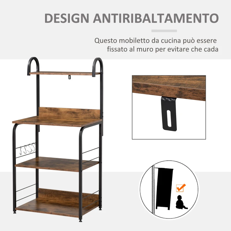 HOMCOM Mobiletto per Microonde a 4 Ripiani e 4 Ganci, Mobile Cucina in Acciaio e Legno 60x40x125cm, Marrone Rustico