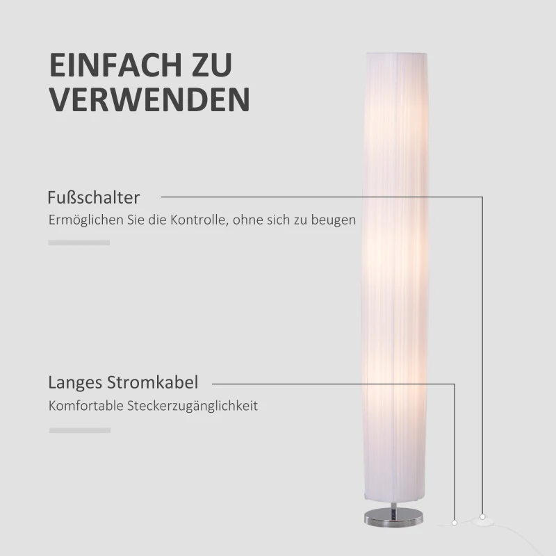 HOMCOM Stehlampe Wohnzimmer Schlafzimmer Standleuchte Stehleuchte Edelstahlboden Textillampenschirm 40 W rund weiß + silber Ø 20 x 160 cm