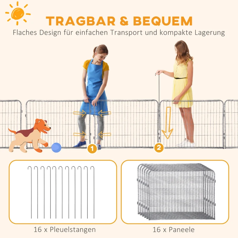 PawHut Welpenlaufstall 16-TLG Welpenauslauf mit 16 Gitterplatten Tür flexibel Schutzplane 60cm hoch Welpengitter Laufstall für Haustiere Hund Katze Welpe Laufgitter für drinnen und draußen