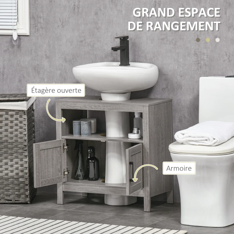 kleankin Meuble sous lavabo meuble sous évier meuble de salle de bain sous lavabo avec 2 portes et étagère - 60 x 30 x 60 cm - gris