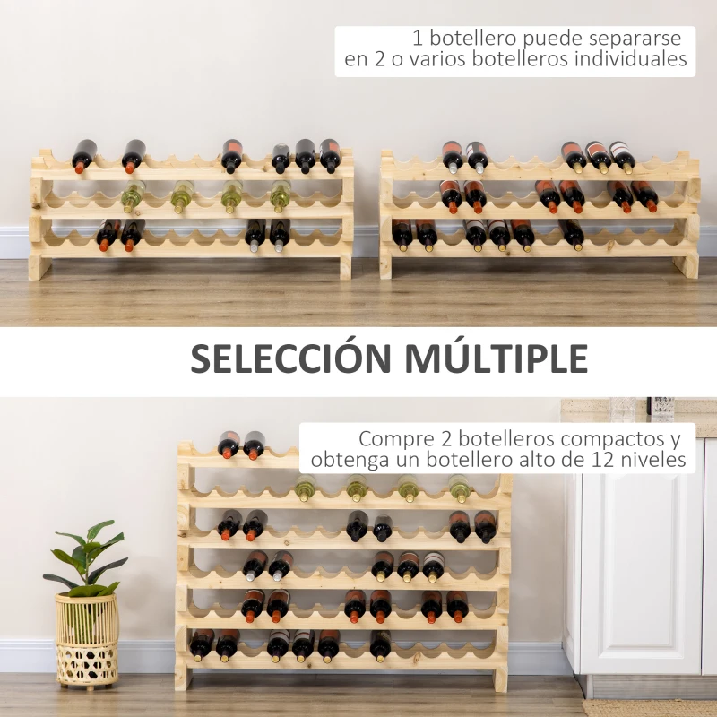 HOMCOM Botellero de Madera de 6 Niveles 72 Botellas Botellero Vertical Carga 100 kg para Cocina Bar 114x28x85 cm Madera Natural