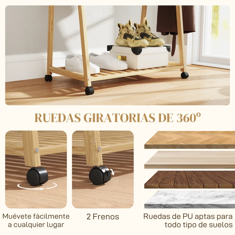 HOMCOM Perchero Burro para Ropa de Bambú con Ruedas 2 Estantes Abiertos y 2 Ganchos 84,5x43,5x158 cm Natural