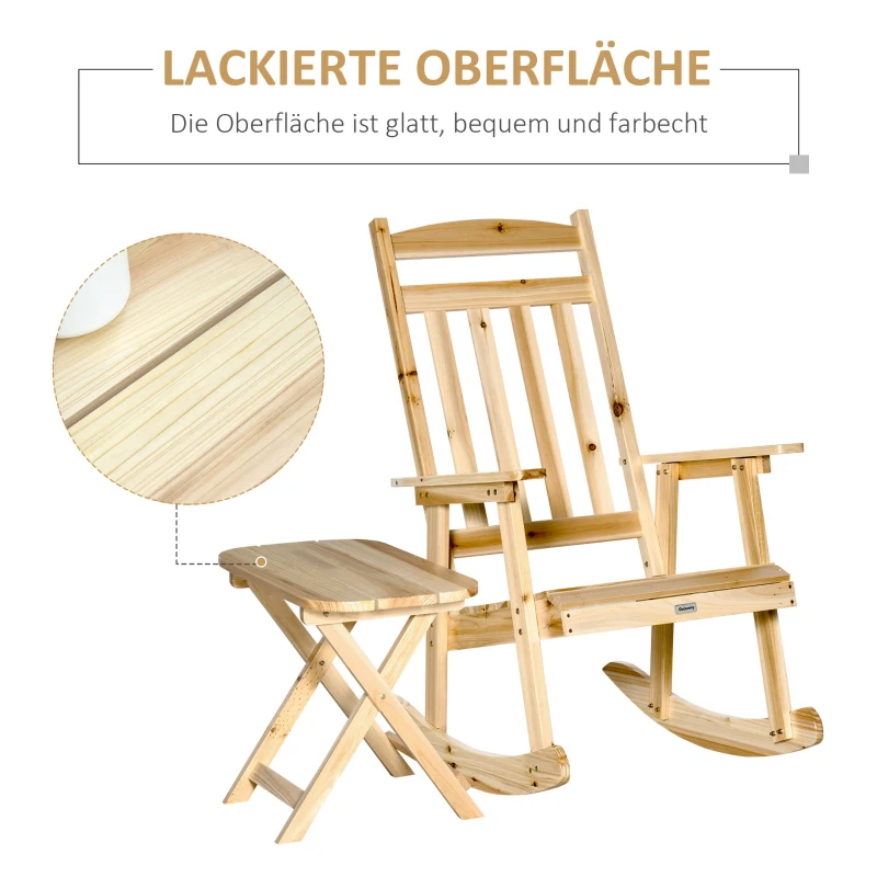 Outsunny Schaukelstuhl Holz mit Beistelltisch 2 tlg. Schaukelsessel Set Gartenstuhl mit Armlehnen hoher Rückenlehne outdoor Natur