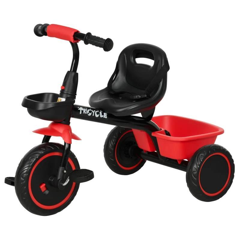 AIYAPLAY Tricycle pour enfant évolutif avec siège réglable pédales 2 paniers ceinture pour enfant de 2 à 5 ans rouge et noir