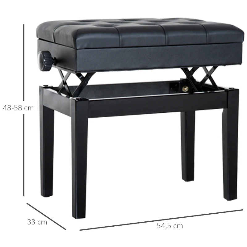 HOMCOM Banc de piano, banc de clavier réglable en hauteur en bois massif, tabouret piano avec compartiment caché, siège rembourré polyuréthane à 10 boutons, stable et antidérapant, charge 200kg, noir