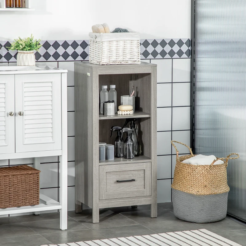 kleankin Armario Auxiliar de Baño con 1 Cajón y 2 Estantes Mueble Auxiliar de Baño Estilo Moderno 40x30x89 cm Gris