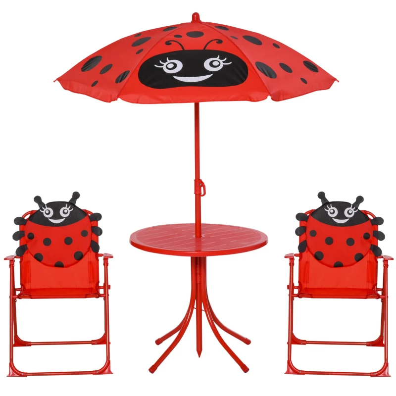 Outsunny Set de Mesa y Sillas Infantil de Jardín Conjunto de Picnic Plegable para Niños Juego de Mesa con Sombrilla Ajustable en Altura de 100-125 cm Diseño de Mariquita Rojo