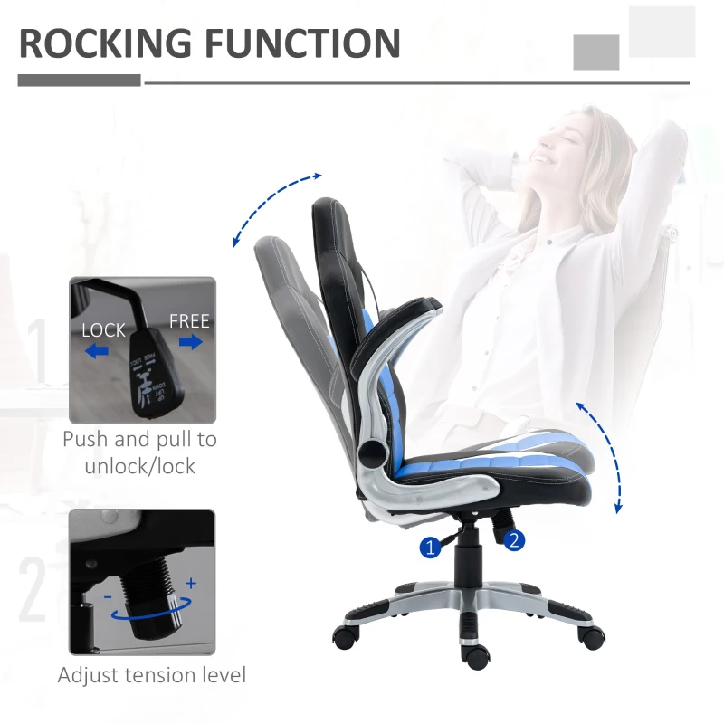 HOMCOM Racing Gaming Chair PU Leather Office Chair Executive Computer Desk Chair with Adjustable Height, Flip Up Armrest, Swivel Wheels, Blue