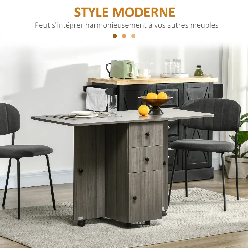 HOMCOM Table de cuisine pliable table à manger pliante 2 plateaux rabattables avec 2 tiroirs 1 placard gris